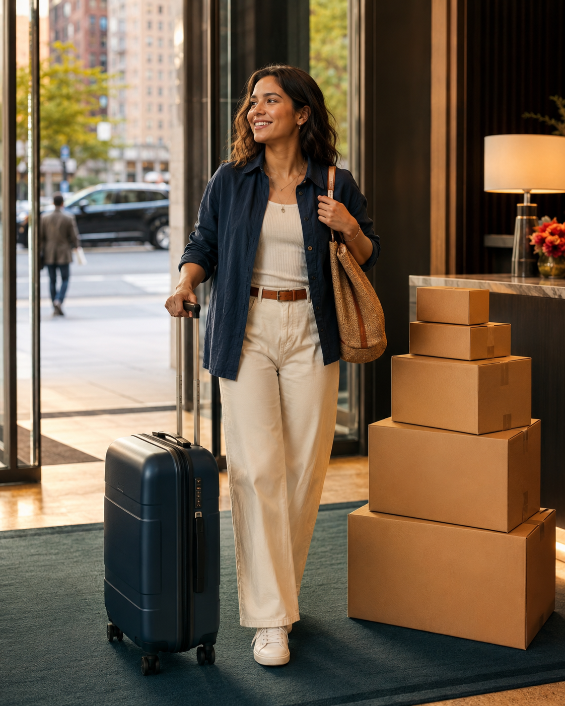 Traveler arriving at a New York hotel with packages ready